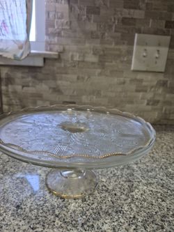 VENTAGE Jeannette  GLASS  Harp  Lyre  Pattern  CAKE  STAND