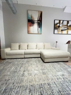 Cream Corduroy Sectional Sofa with Chaise