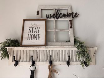 Rustic Farmhouse Entryway Wall Shelf with Hooks & Décor