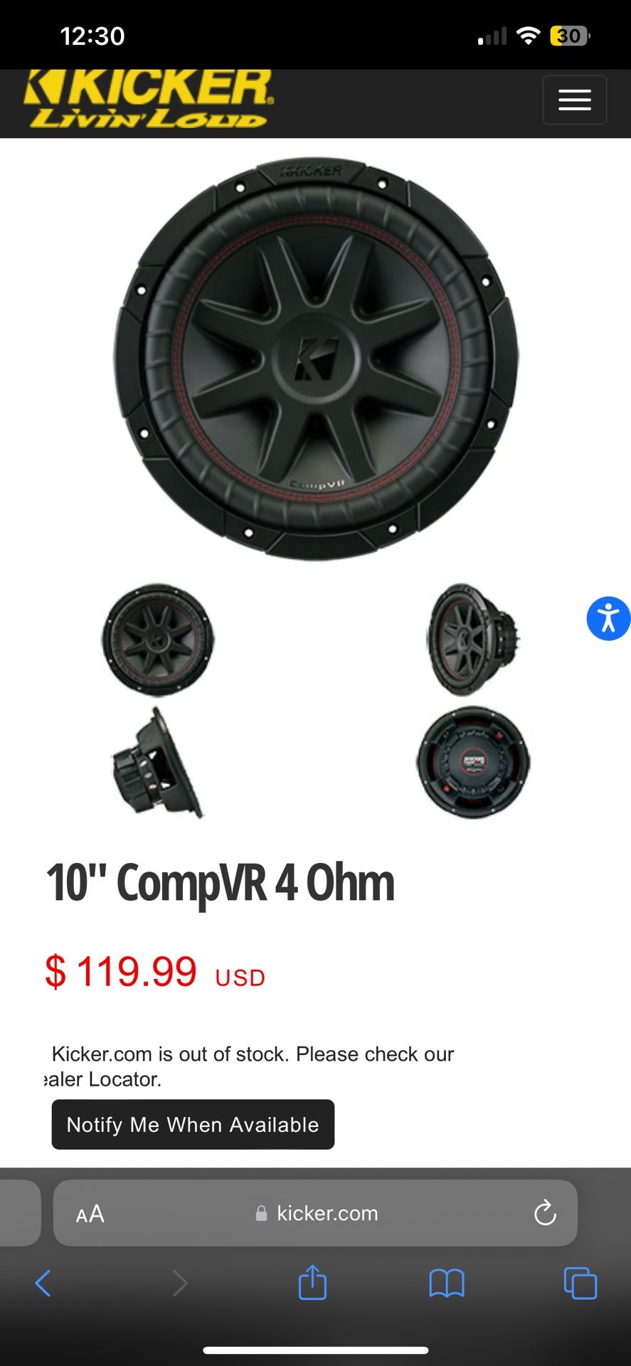 43CVR104 KICKER CompVR 10-Inch Black Subwoofer, 4-ohm, Dual Voice Coil, 350W RMS