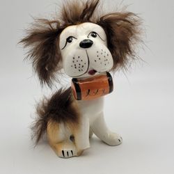 Vintage Japan Dog With Fur & Barrel Porcelain Furry Hair Ceramic Figurine 4.5"