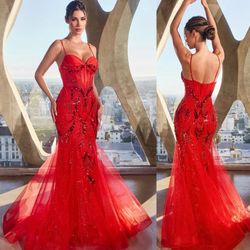 New With Tags Red With Sequin Embellishments Mermaid Long Formal Dress & Prom Dress $279