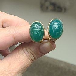 Vintage 1950s Green Chrysoprase Scarab 12K Yellow Gold Filled Screw Back Scarab Earrings