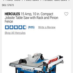 Hercules 10” Jobsite Table Saw – Rack & Pinion Fence – Like New
