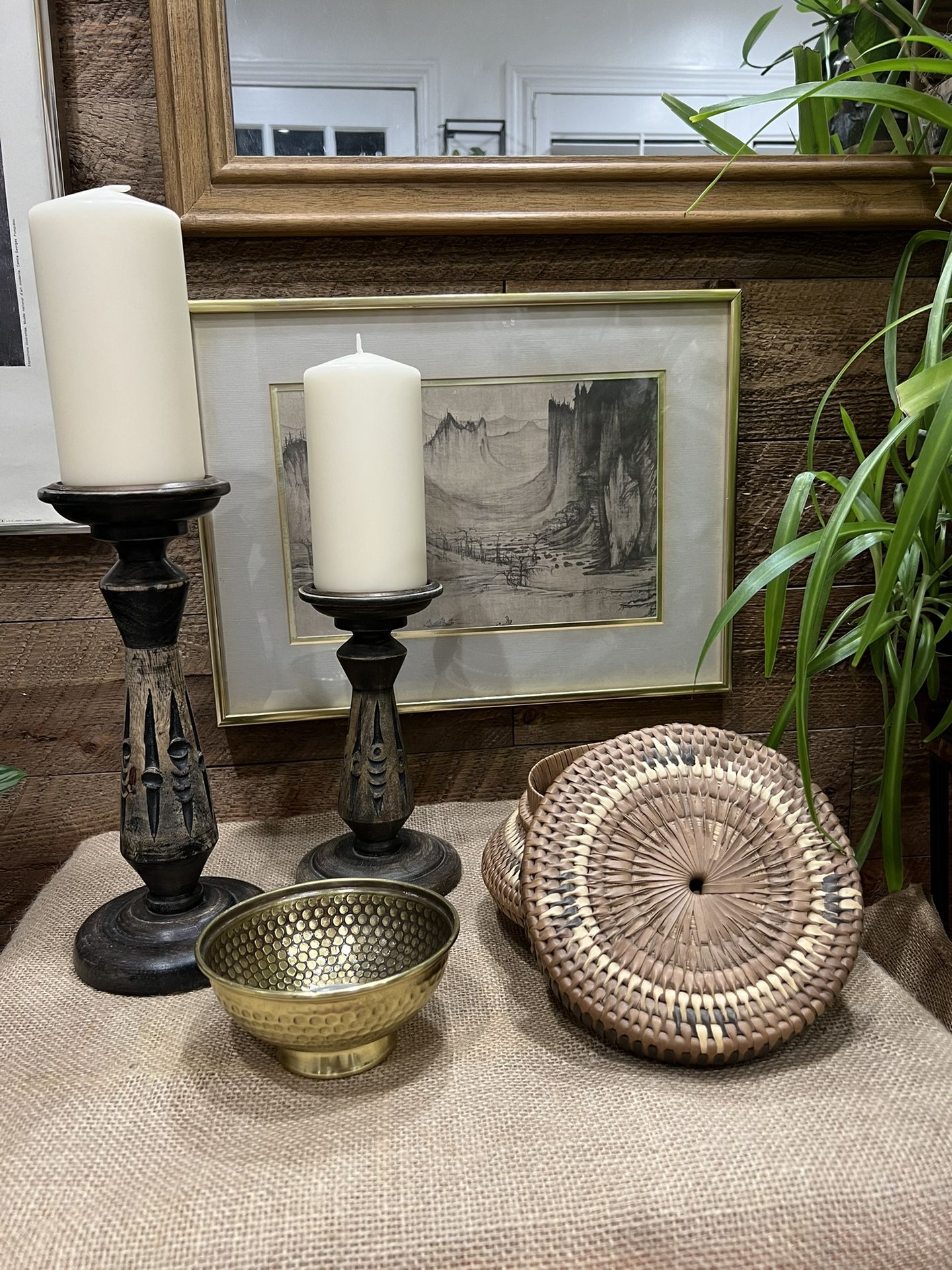 Boho Dark Wood Carved Candlesticks Pair Set of 2 Display Vintage Look Eclectic
