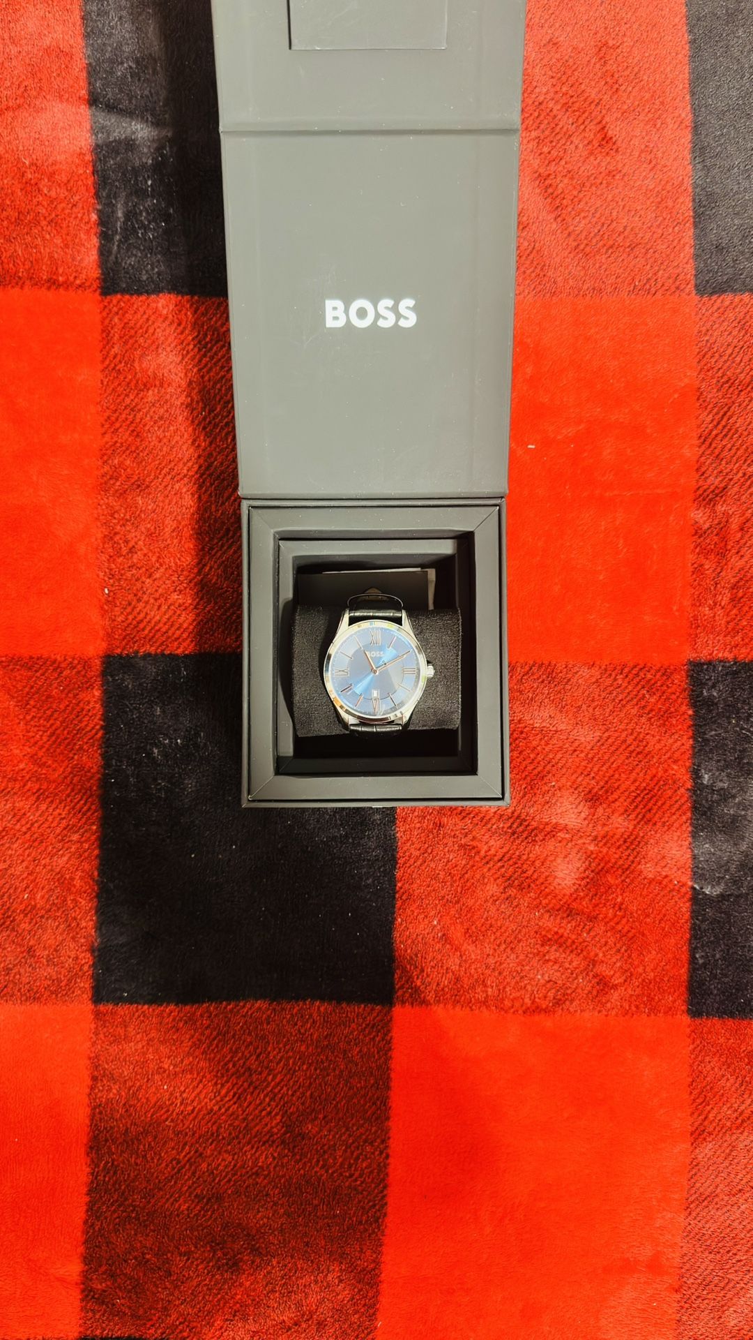 HUGO BOSS Men's Stainless Steel Croc-Embossed Black  Leather Strap Watch 43mm