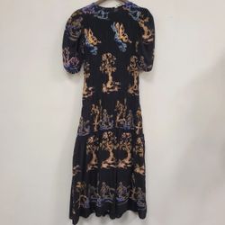 Womens Embroidered Smocked Puff Sleeve Tiered Maxi Dress Size S