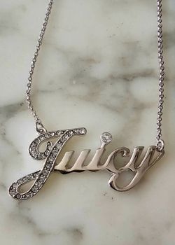 Juicy Couture Silver Pave Script Necklace with Velvet Pouch