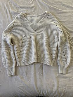 Crown & Ivy Cream Pointelle Chevron Open-Knit V-Neck Sweater - Size Medium