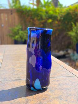 Handblown Cobalt Blue & Light Blue Swirl Glass Vase – 7" Organic Wavy Cylinder