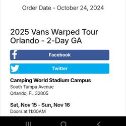 2 GA Tickets ORLANDO WARPED TOUR