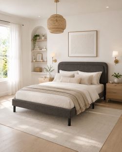 Full bed Boucle Upholstered Platform Bed Frame with Adjustable Headboard, Soft Cloud Bed, No Box Spring Needed, Easy Assembly, Noise Free, Dark Grey