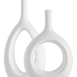 White Ceramic Hollow Elliptical Vase Set of 2 - Boho Circle Vase with Hole, for Modern White Table Decor, Living Room Decor Shelf mid Century Modern H