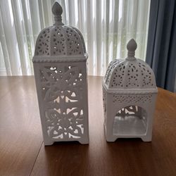 Ceramic White Candle Lantern Holders 11” And 14”