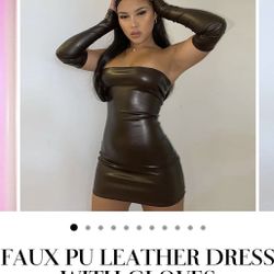 Brown Faux Leather Stretchy Dress With Gloves