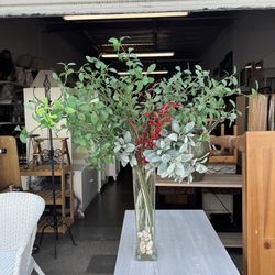 Artificial Leaf Bush with Red Berries and Glass Vase Very Good Condition 