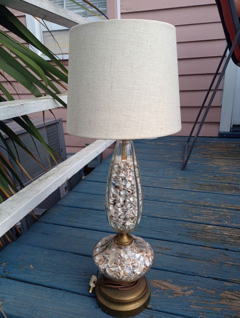 Vintage Sea Shell Filled Glass Table Lamp *30.00* 24" Tall Overall Kitsch Home Decor