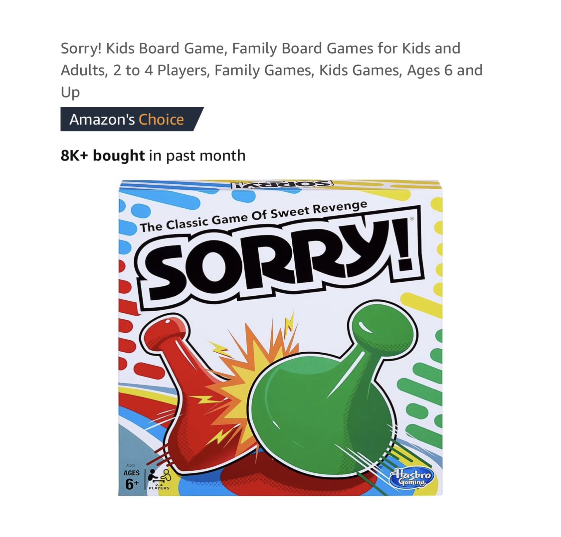 Brand new Sorry! Kids Board Game, Family Board Games for Kids and Adults, 2 to 4 Players, Family Games, Kids Games, Ages 6 and Up Whitestone/Flushing