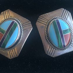 Very Nice Vintage Native Sterling Silver Inlaid Earrings-Not Stamped-TESTED 