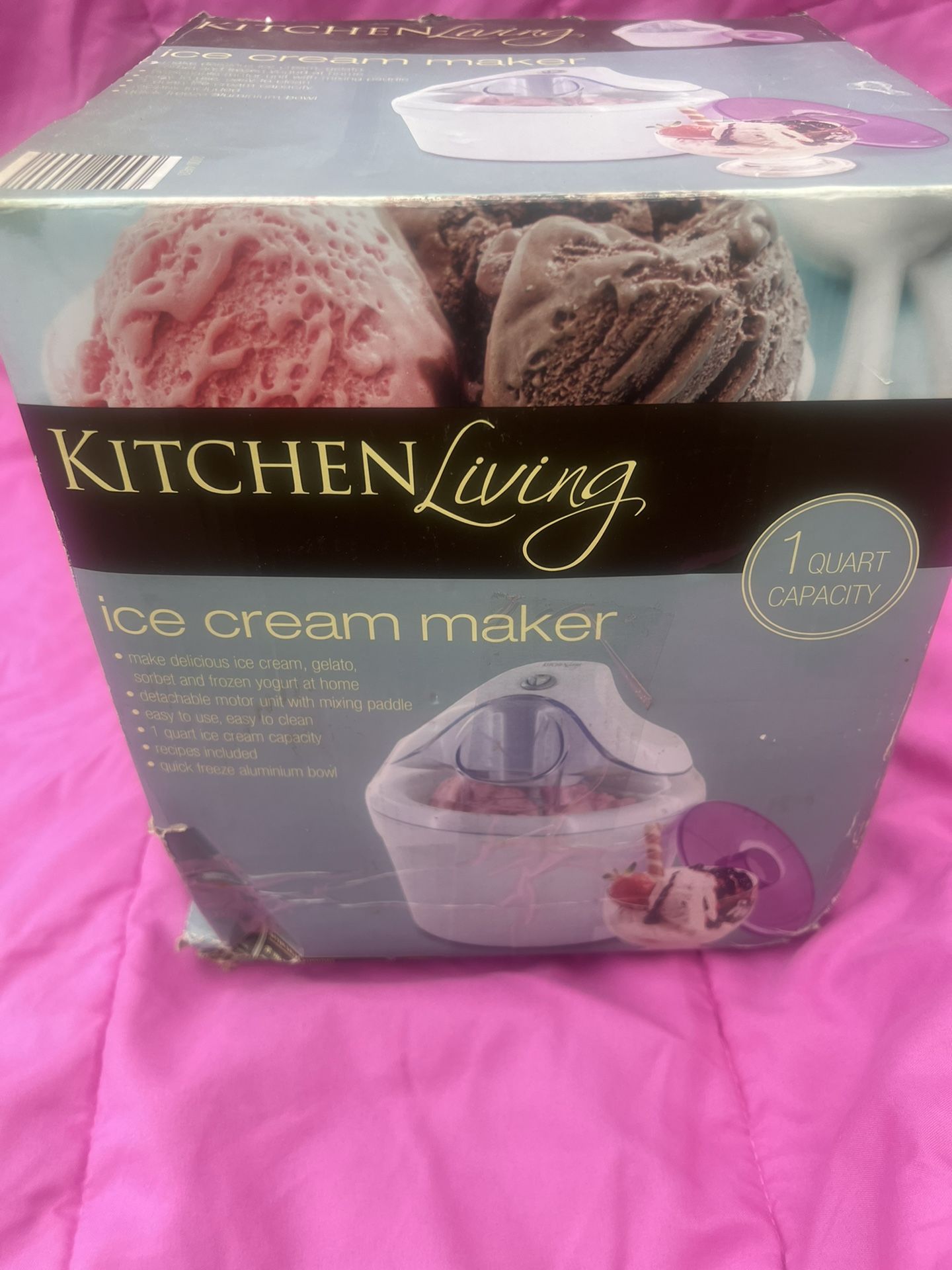 Kitchen Living Ice cream Maker, new in box, 1 quart capacity, box in poor condition