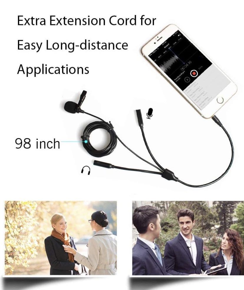 Lavalier Microphone, MAONO AU-303 Dual Clip-on Handsfree Omnidirectional Condenser Interview Lapel Mic with Headphone Monitoring Output Jack for iPho
