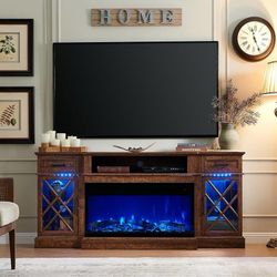 70'' TV Stand With 36'' Electric Fireplace, Media Entertainment Center for TVs Up to 80'', Modern Farmhouse 3-Sided Gla