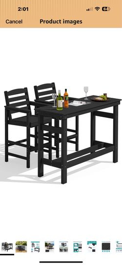 New in box SERWALL Outdoor Bar Set, 2 Adirondack Bar Chairs & Bar Height Table, Black with 1.6" Umbrella Hole, All-Weather HDPE Patio Furniture for Po