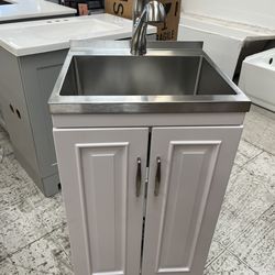 Simpli Home Darwin All-In-One 20 in. Drop-In Utility Laundry Sink with Cabinet in Pure White