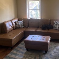 Carmel Leather Sectional Couch And Storage Ottoman
