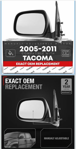 Driver Side Mirror Replacement - Compatible with 2005-2011 Toyota Tacoma - Manual Adjustment, Manual Folding, Flat Glass with English Warning - Textur