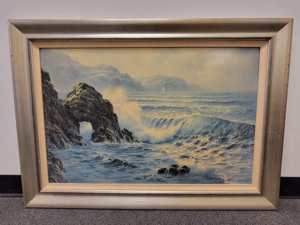 Ocean waves crashing into rocks Sea Landscape Painting Framed Rare Home Office Decor Water