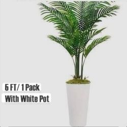 New. 6 Foot Palm Plant UV Resistant w/white Tall Planter, Faux Palm Plant for Outdoor Decor