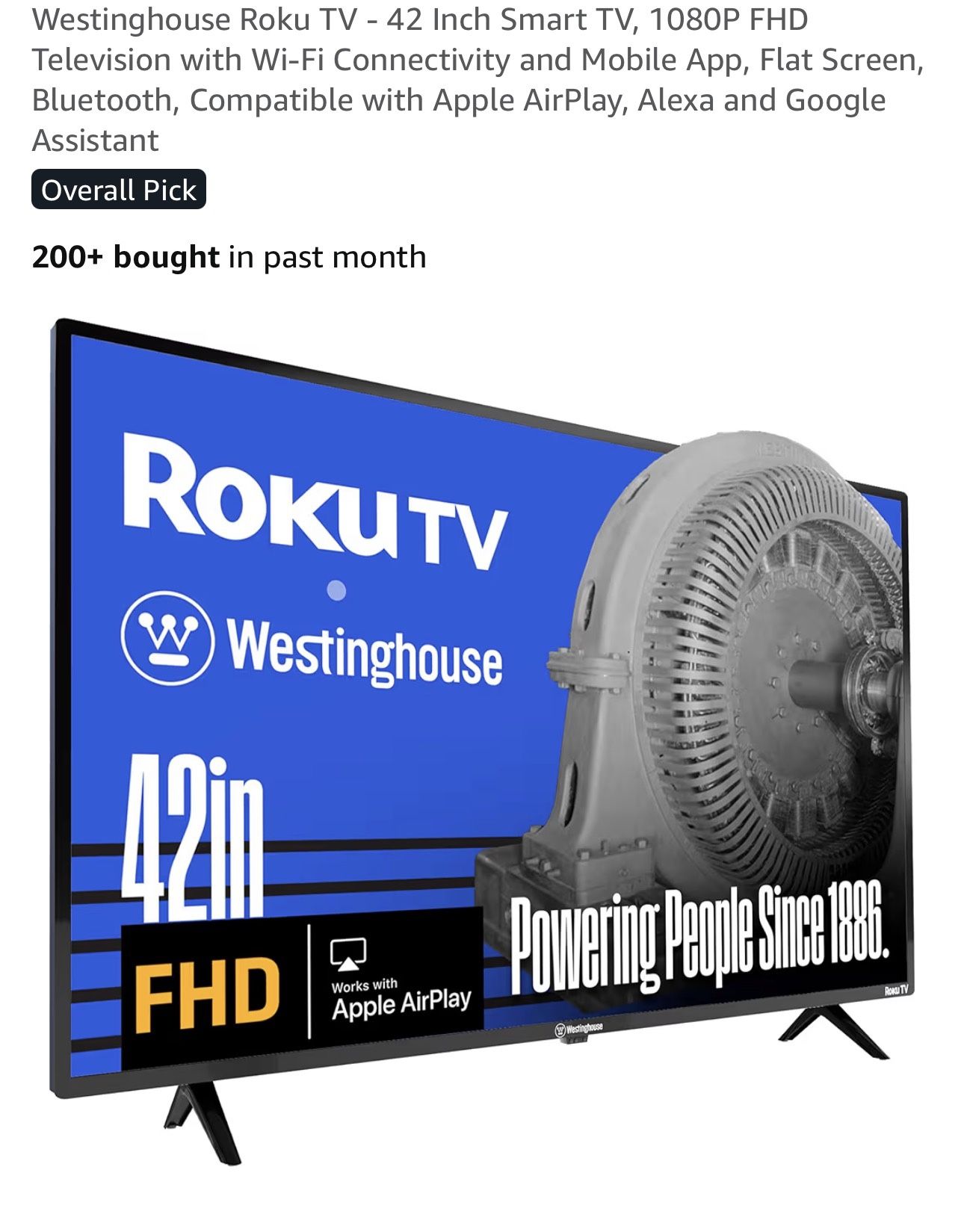 Westinghouse Roku TV - 42 Inch Smart TV, 1080P FHD Television with Wi-Fi Connectivity and Mobile App, Flat Screen, Bluetooth, Compatible with Apple Ai
