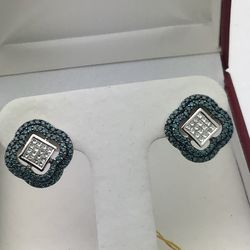 14k White Gold Diamond Stud Earrings Set with Double Halo Blue Round Stones & Princess Cut Diamonds 5.2 Grams