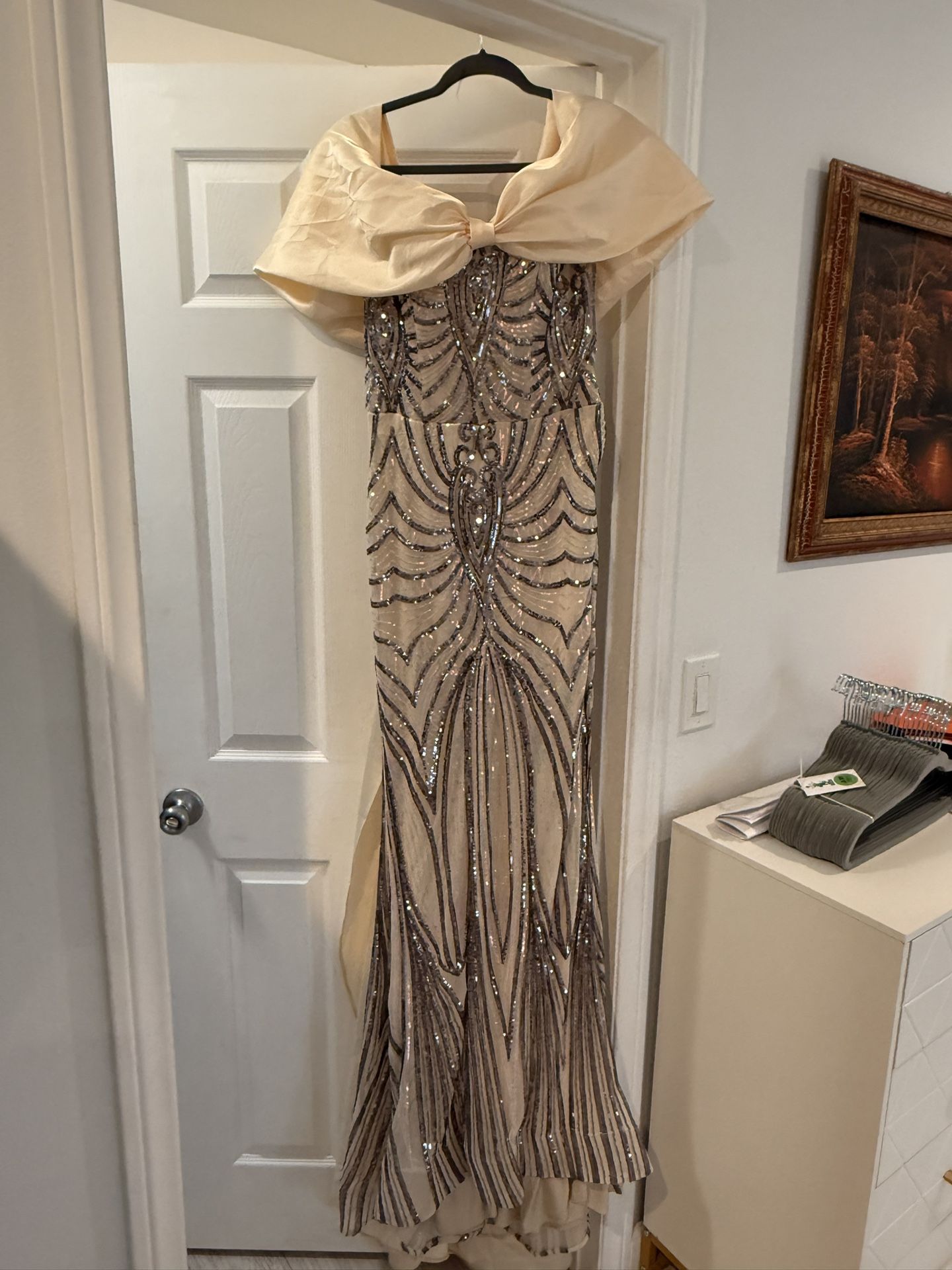 Brand new Evening Formal Light Apricot Color L Size , Off Shoulder Sparkly Satin Mermaid Prom Dress