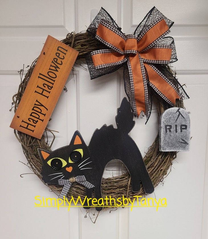 Happy Halloween Black Cat Grapevine Wreath 