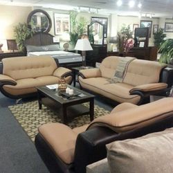 Brand New Yellow Over Brown Bonded Leather 3PCs Sofa Set