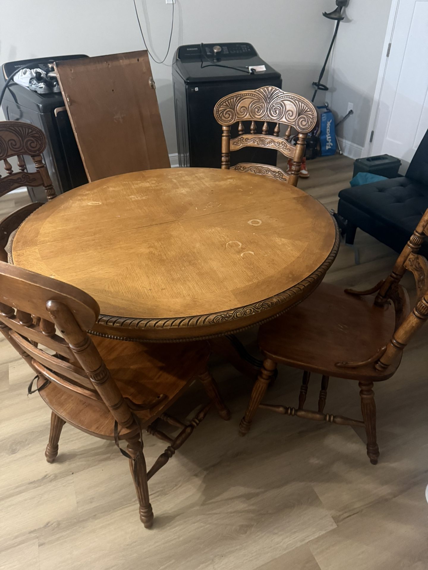 Real Wooden table with detail carvings & leaf. 4 wooden chairs with matching detail carvings