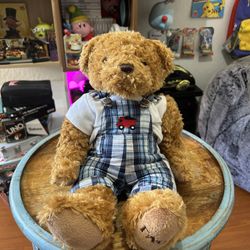 FAO Schwarz Brown teddy bear Plush Blue Plaid Bib Overalls 16” 2016