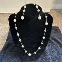 Charming Charlie Silver Strand Pearls and Rhinestone Necklace & Earrings Set