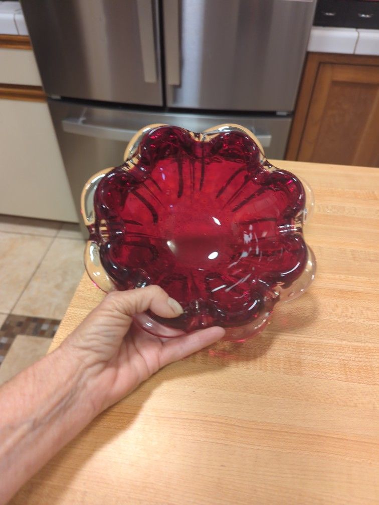 Murano Bubble Glass Ashtray Garnet Red