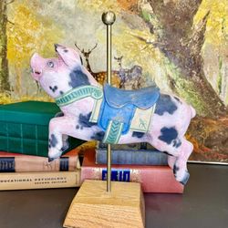 15” VINTAGE SOLID WOOD HANDMADE SIGNED PINK PIG CAROUSEL FIGURINE STATUE
