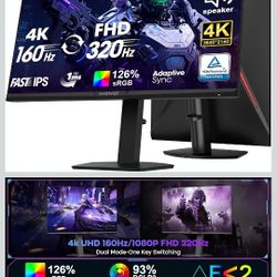 Amzfast 27" 4K Gaming Monitor HDR 400, UHD 160Hz 144Hz | FHD 320Hz 300Hz Dual Mode PC Monitor, Built-in Speakers 1ms Fast IPS, 126% sRGB PIP/PBP, HDMI