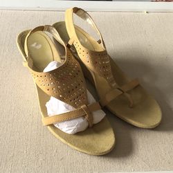 Anne Klein Coconut  Brown Jeweled Wedge Heel Sandals