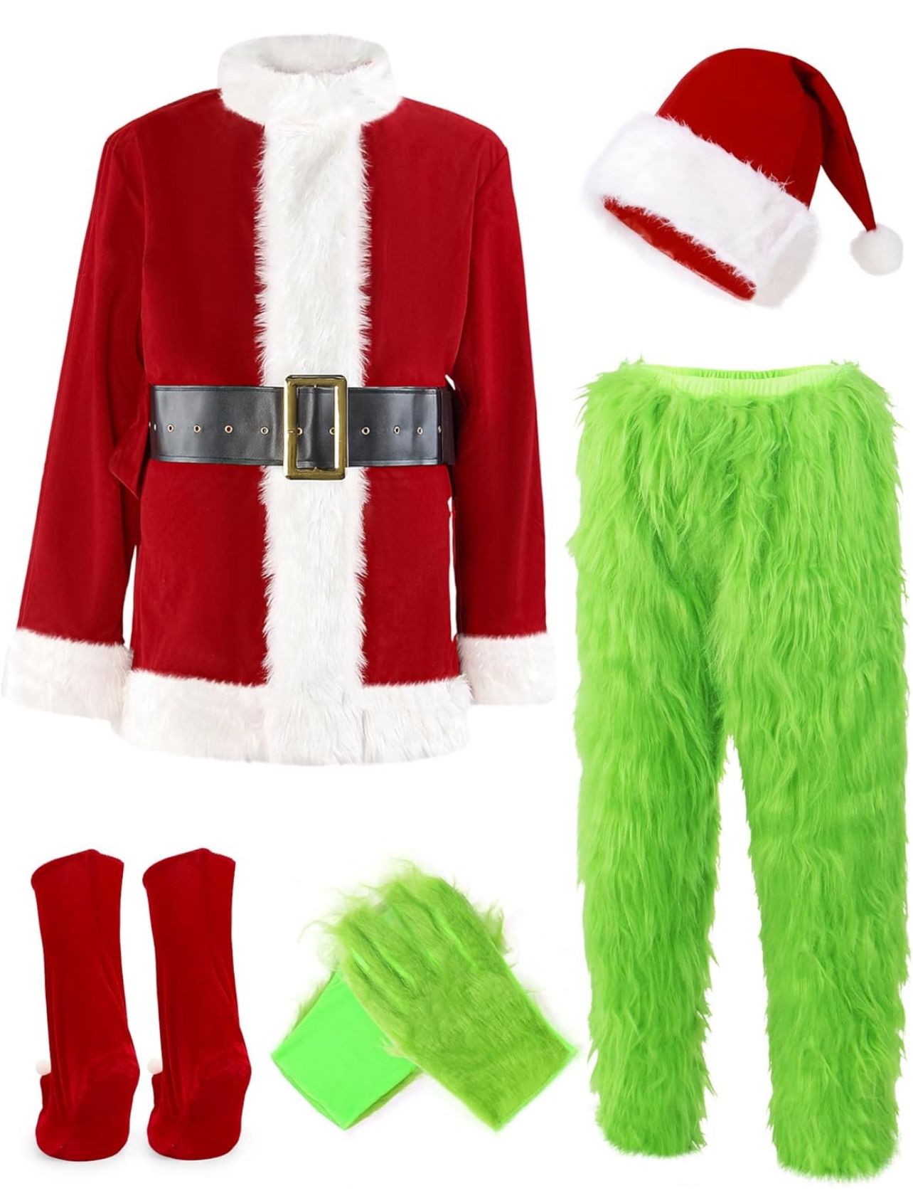 Christmas Costume for Men Green Furry Monster 8PCS Deluxe Adult Santa Suit Xmas Outfit Set Halloween Holiday