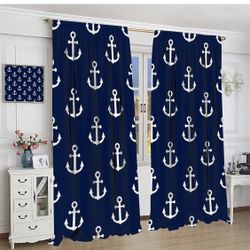 Anchor Curtains Vintage Rustic Ocean Nautical Style Navy Blue White Bedroom Living Room Bathroom Blackout Rod Pocket Decoration Window Drapes 55x63in