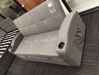New Gray Linen Theater Sofa Bed / Futon w/ Cup Holders