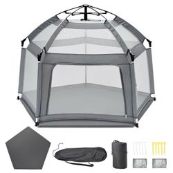 Portable Baby Playpen with Inflatable Mattress & Sunshade,Outdoor Baby Playpen for Babies and Toddlers,Foldable Pop Up Play Tent for Home, Park, Beach