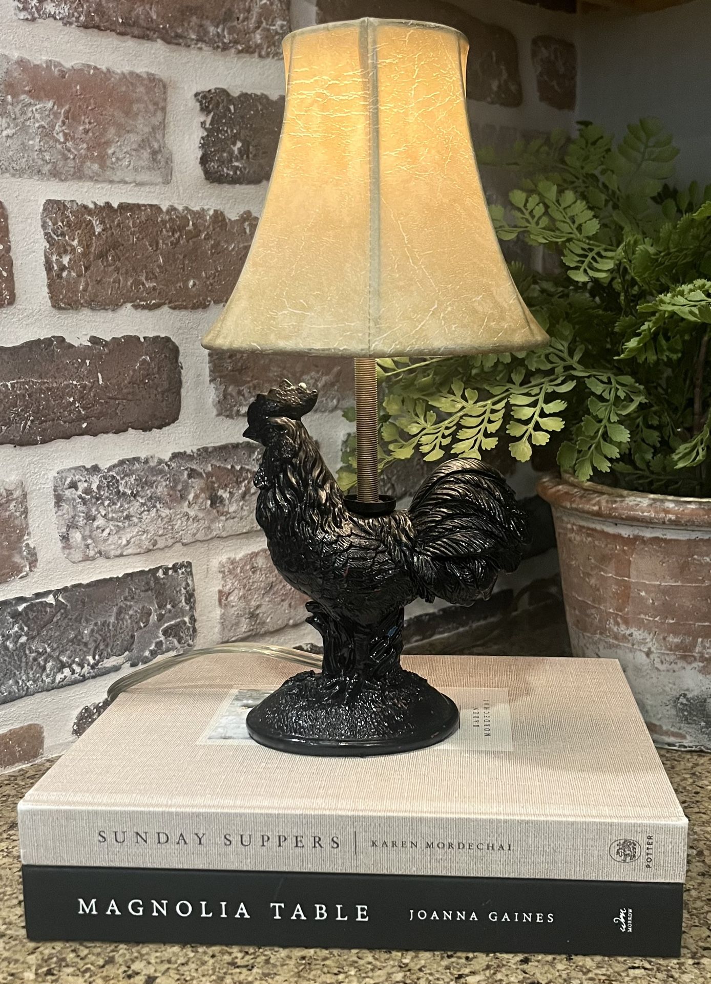 Sweet Mini Black Rooster Accent Lamp Kitchen Night Light Faux Leather Shade Farmhouse Country Cottagecore