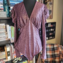 Bar III Women's Leotard Top Sz Lg Pink Meyallic Disco Print Puff Sleeves